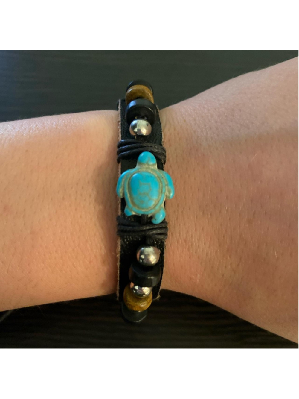 Brown leather bracelet with silver beads and turquoise turtle charm 🐢 // includ
